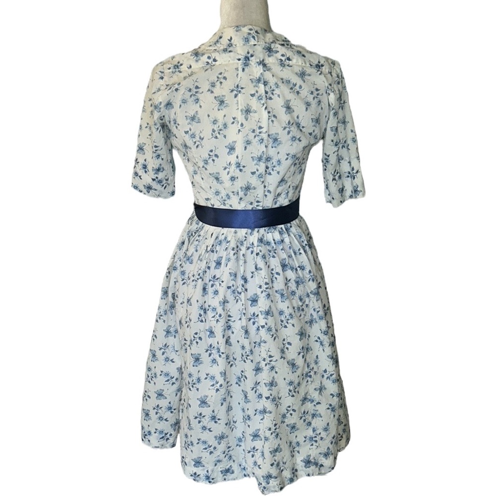 The Villager Vintage 60s Blue White Butterfly Floral Belted Button Down Dress XS - Picture 5 of 10